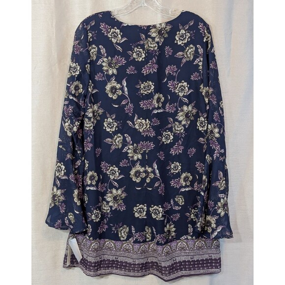 Women's LARGE Top Floral V Neck Long Ruffle Bell Sleeve Tunic Flowy Bohemian - Picture 3 of 14